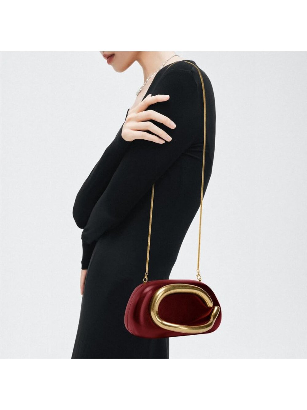〽️Women's Wine Red Leather Clutch Purses Trendy C Handle Evening Bag with Chain - Picture 6 of 6